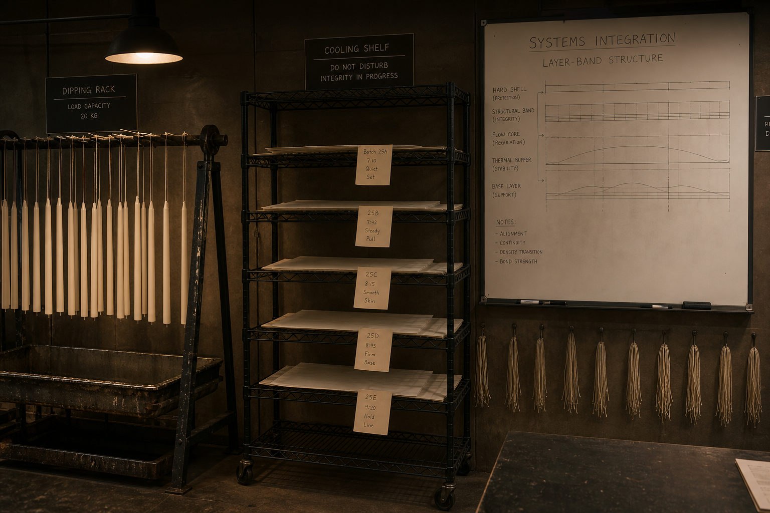 St Albans formation workspace with hanging wick lines, cooling notes and a systems drawing