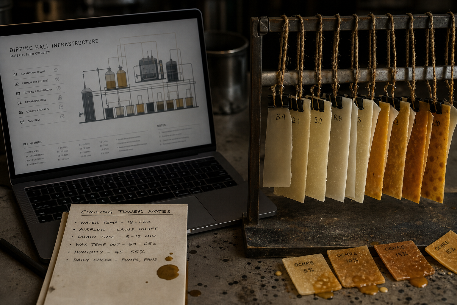 Laptop drawing held beside hanging wick lines and wax-layer samples in the St Albans hall